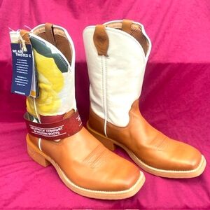 Twisted X Two-Tone Tan and White Western Espadrille Boots with Yellow Accent